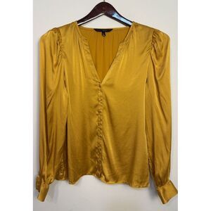 White House Black Market Women Shirt Button Up Silk Vneck Dark Gold Smocked Trim